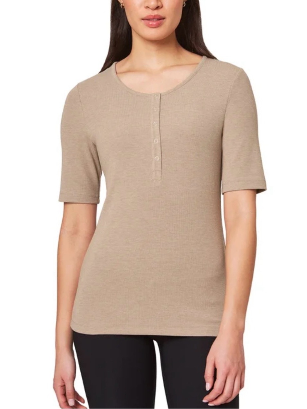 MONDETTA Short Sleeve Ribbed Henley Top in Taupe